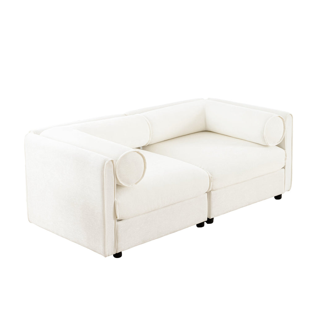 Stylish White Chenille 2-Seater Sofa with Storage Seat, Cylindrical Backrest and Armrests, Modern Fabric Loveseat Featuring Hidden Storage Space