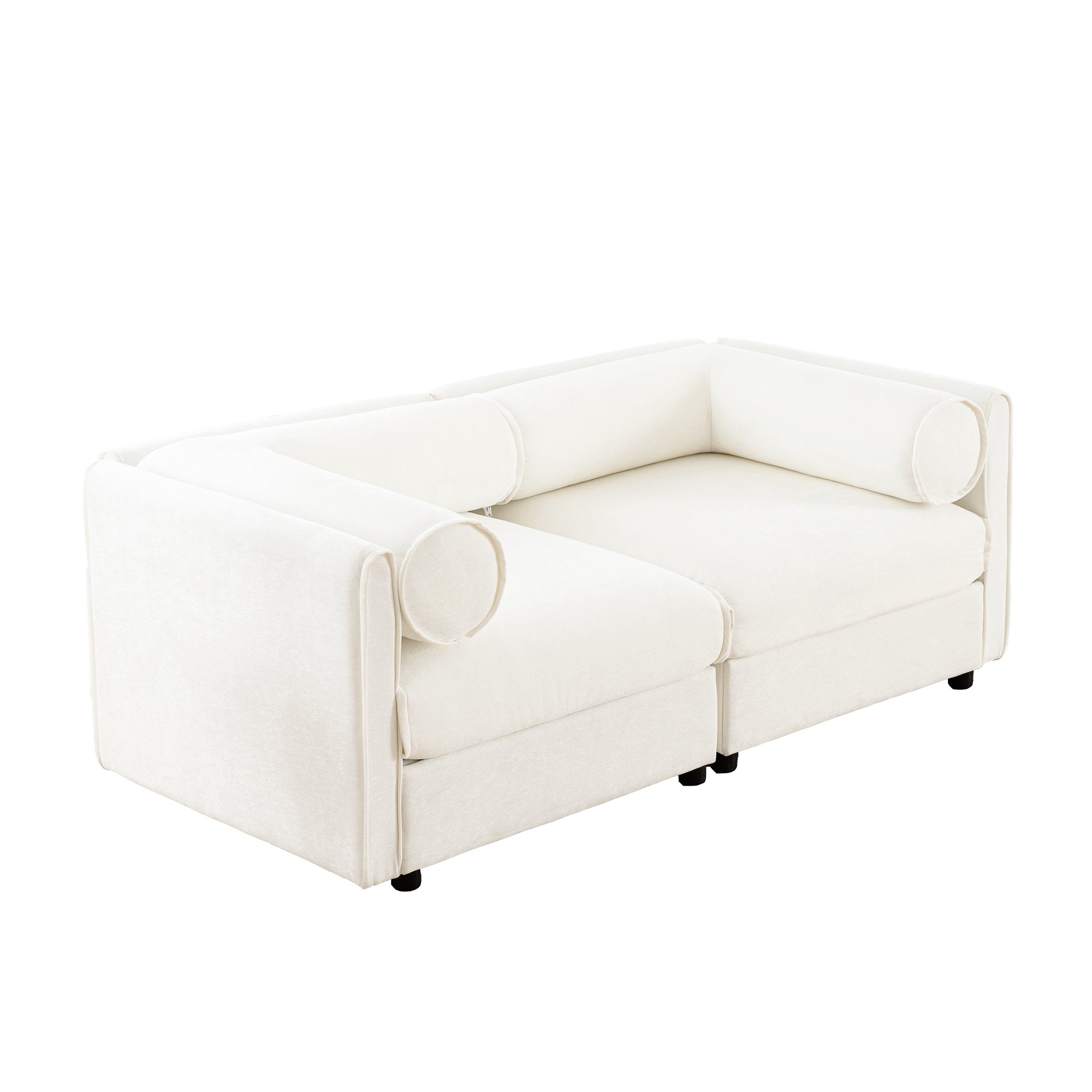 Stylish White Chenille 2-Seater Sofa with Storage Seat, Cylindrical Backrest and Armrests, Modern Fabric Loveseat Featuring Hidden Storage Space