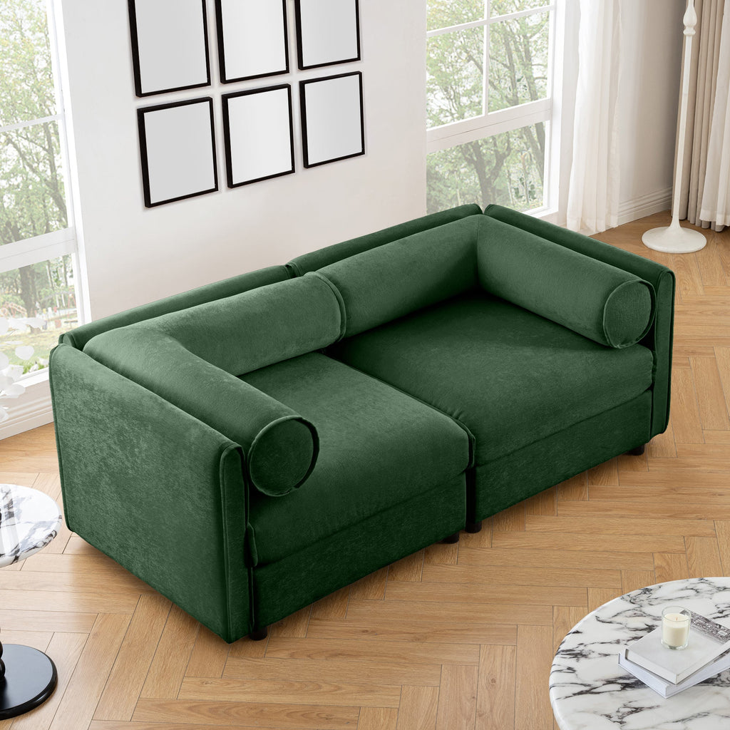 Stylish Green Chenille 2-Seater Sofa with Storage Seat, Cylindrical Backrest and Armrests, Modern Fabric Loveseat Featuring Hidden Storage Space