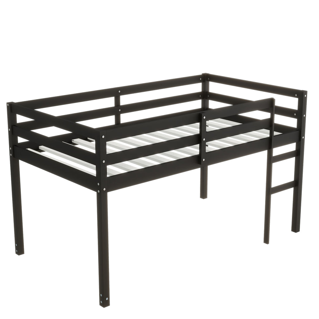 Solid Wooden, Rubber Wooden Twin Loft Bed with Ladder, Bed Platform of Strengthened Slats , Black