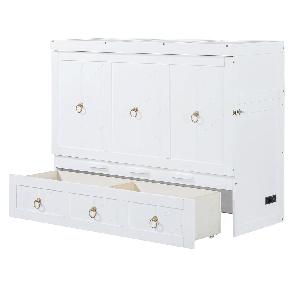 Full Size Murphy Bed with USB Port and a Large Drawer, White
