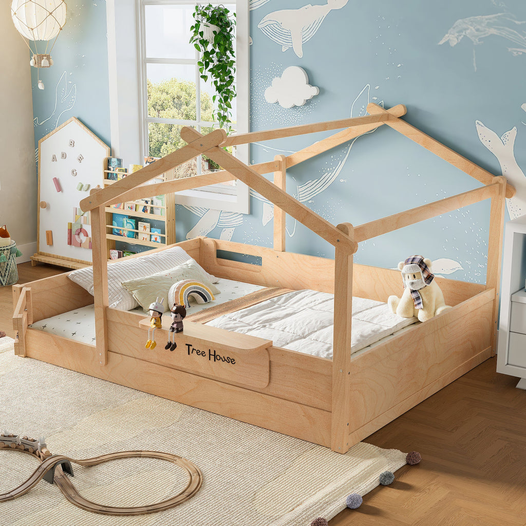 Queen Size Floor Bed with Guardrails and Roof, Kids House Floor Bed with a Small Built-in Tray and Free-installed Signboard, Childlike Design,Natural