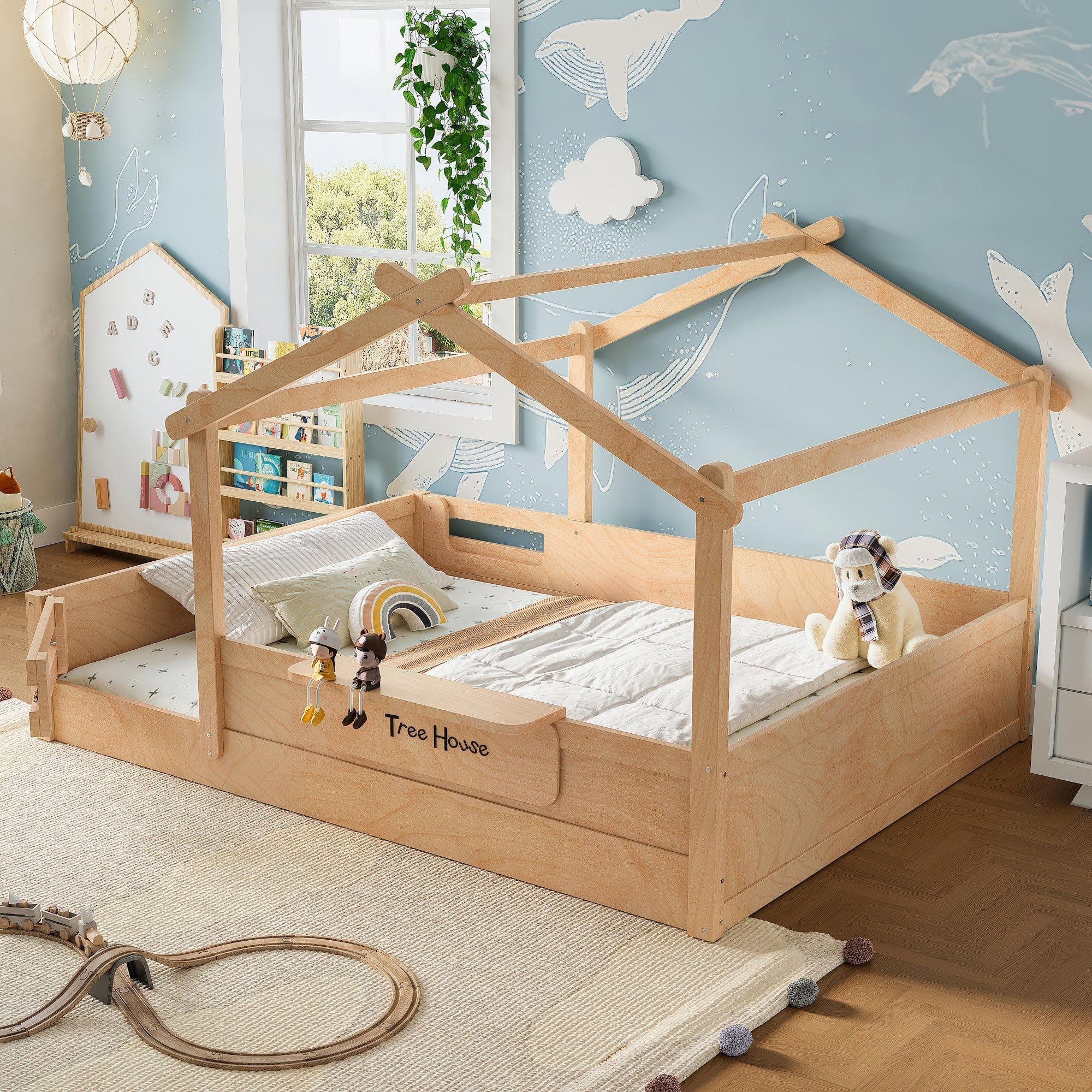 Queen Size Floor Bed with Guardrails and Roof, Kids House Floor Bed with a Small Built-in Tray and Free-installed Signboard, Childlike Design,Natural