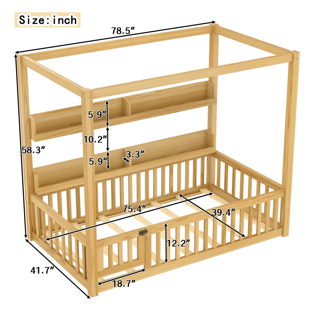 Twin Size Canopy Bed with Guardrails, Solid Wood Floor Bed with Shelves, Montessori Floor Bed Frame for Kids, Boys, Girls, No Spring Box Needed, Natural
