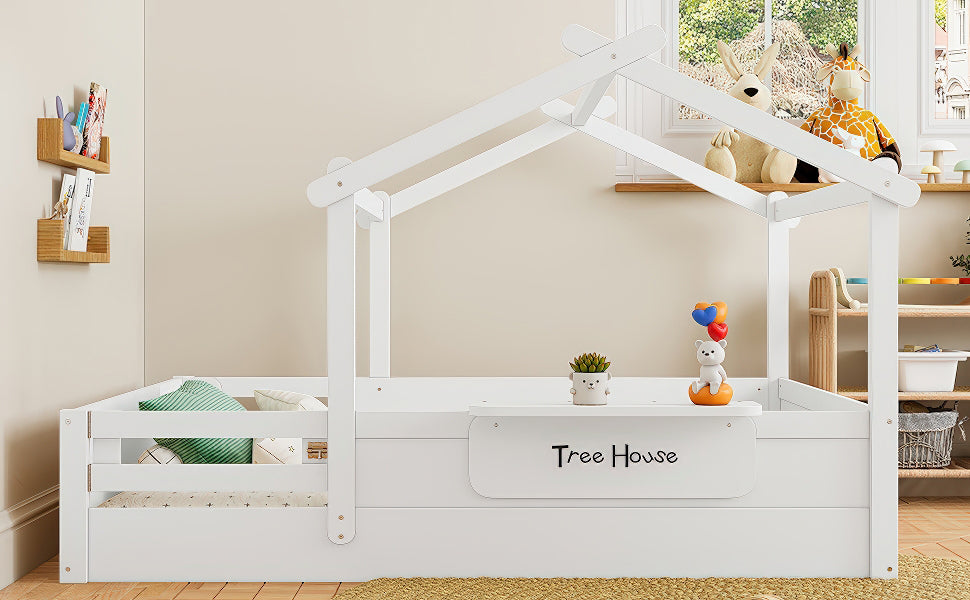 Full Size Floor Bed with Guardrails and Roof, Kids House Floor Bed with a Small Built-in Tray and Free-installed Signboard, Childlike Design, White