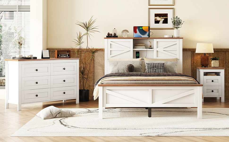 3-Pieces Bedroom Sets Full Size Farmhouse Platform Bed with Double Sliding Door Storage Headboard and Charging Station, Storage Nightstand and Dresser, White+Brown(Old SKU HL000091AAK)