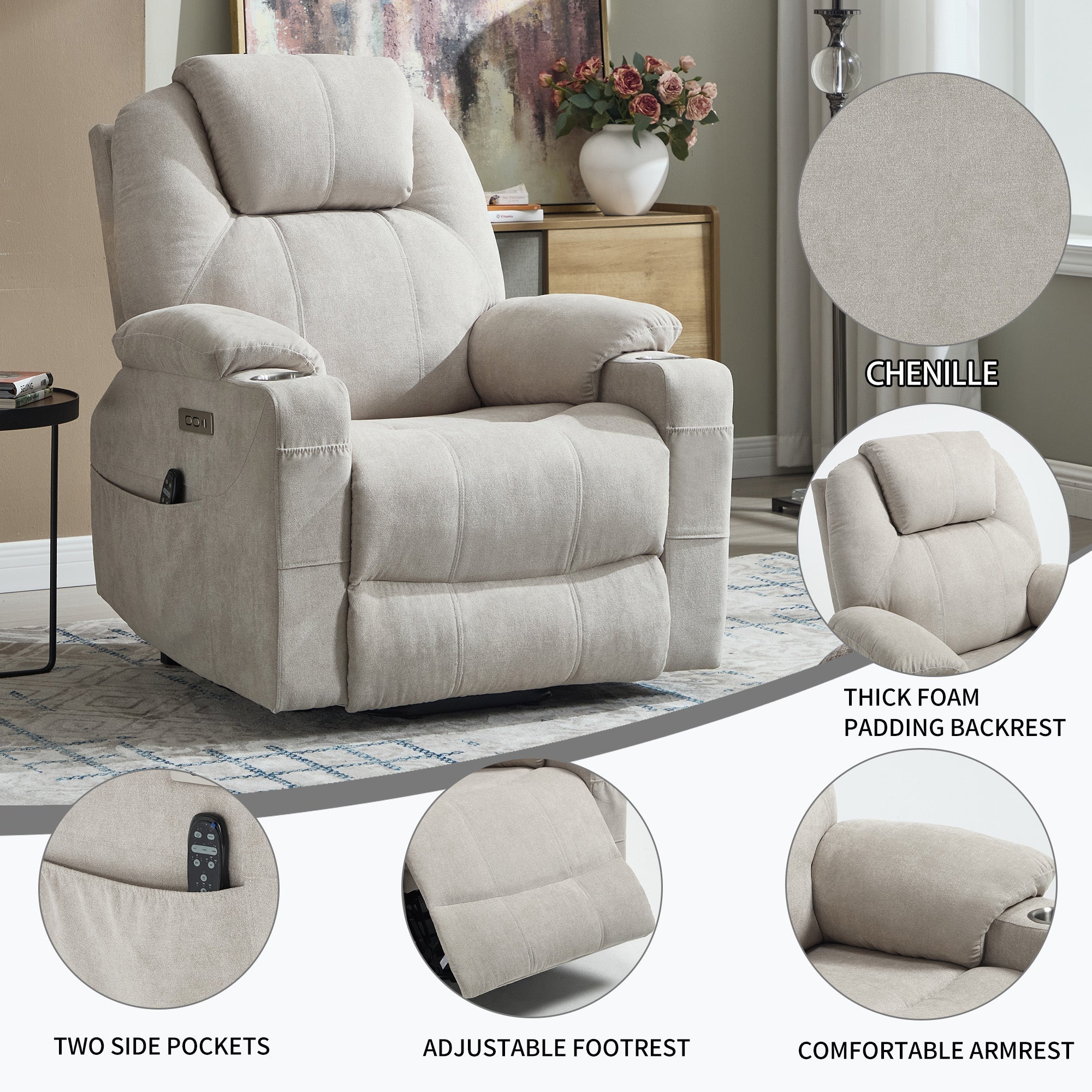 Up to 350 LBS polyester Power Lift Recliner Chair, Heavy Duty Motion Mechanism with 8-Point Vibration Massage and Lumbar Heating, USB and Type-C Ports, Stainless Steel Cup Holders, Beige