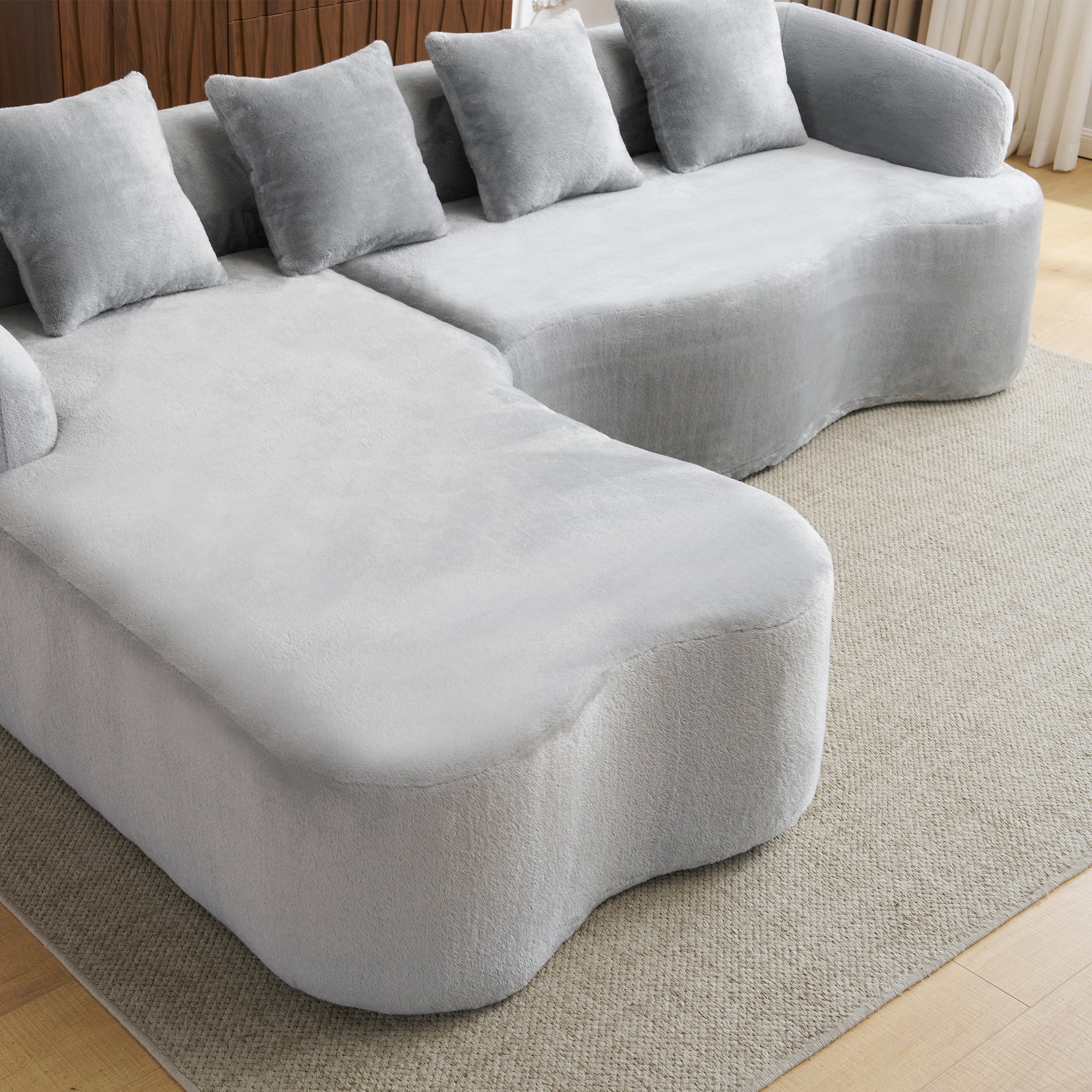Full Compression L-Shape Sectional Sofa with Curved Chaise, Grey Modular Chenille Couch, High-Density for Apartment Living Room