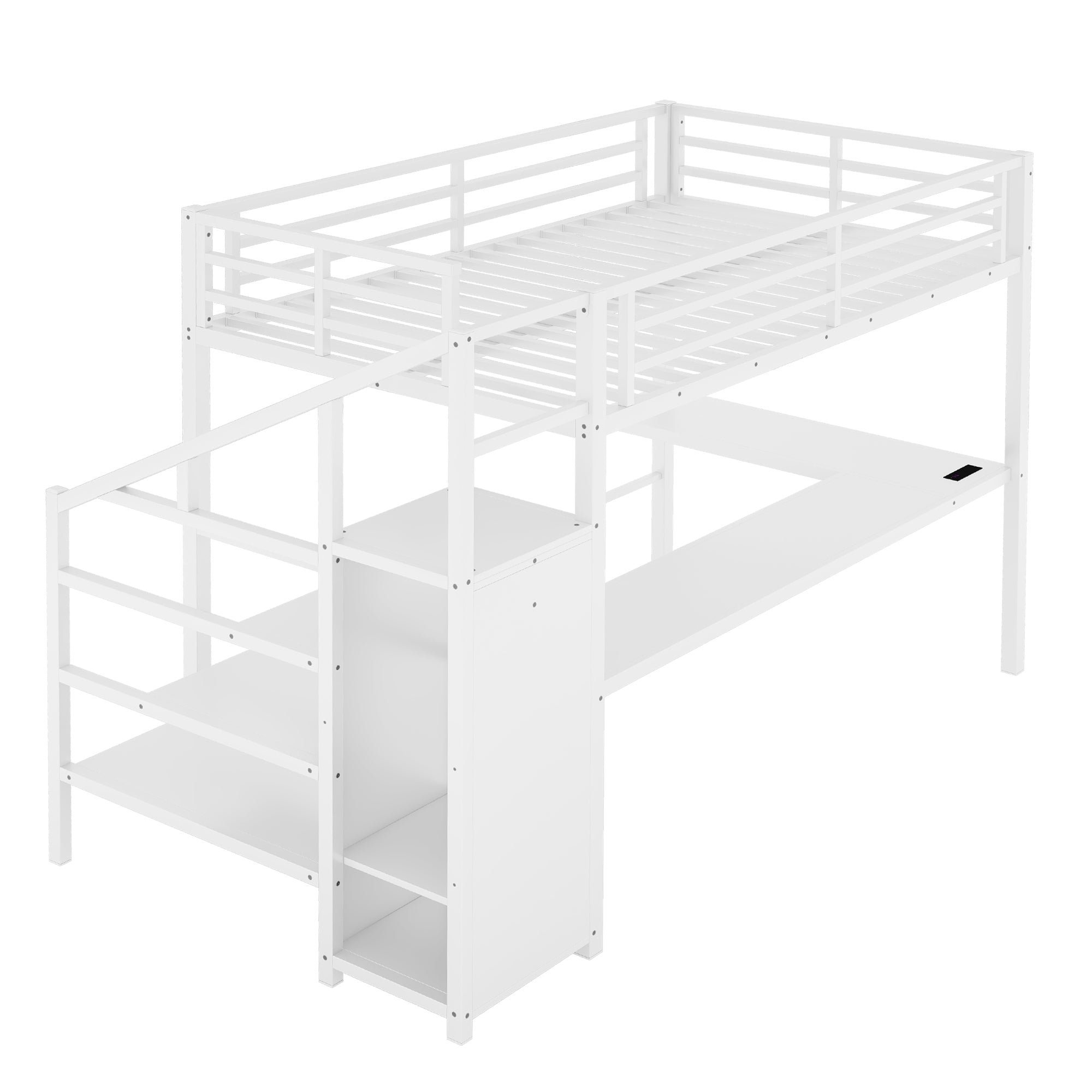 Full Size Loft Bed with L-shaped Desk and USB, Metal Loft Bed with Wardrobe and Adjustable Shelf, High Loft Bed with LED for Kids Teens Adults, White