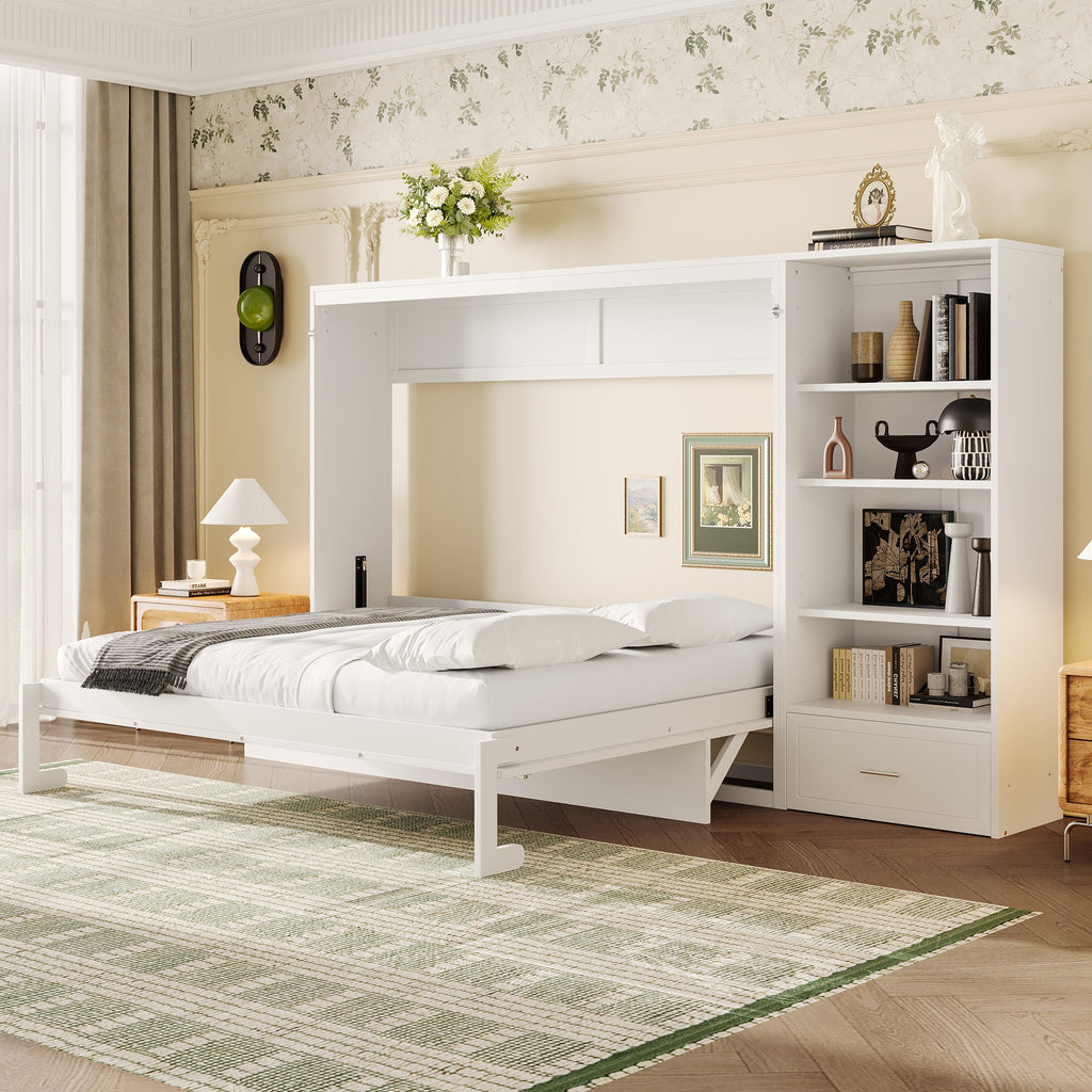 Queen Size Murphy Bed with Height Adjustable Storage Compartments and Shelf, Wall Bed Frame With 1 Drawer, Multifunctional Foldable Platform Bed for Small Space,Bedroom,Guest Room, White