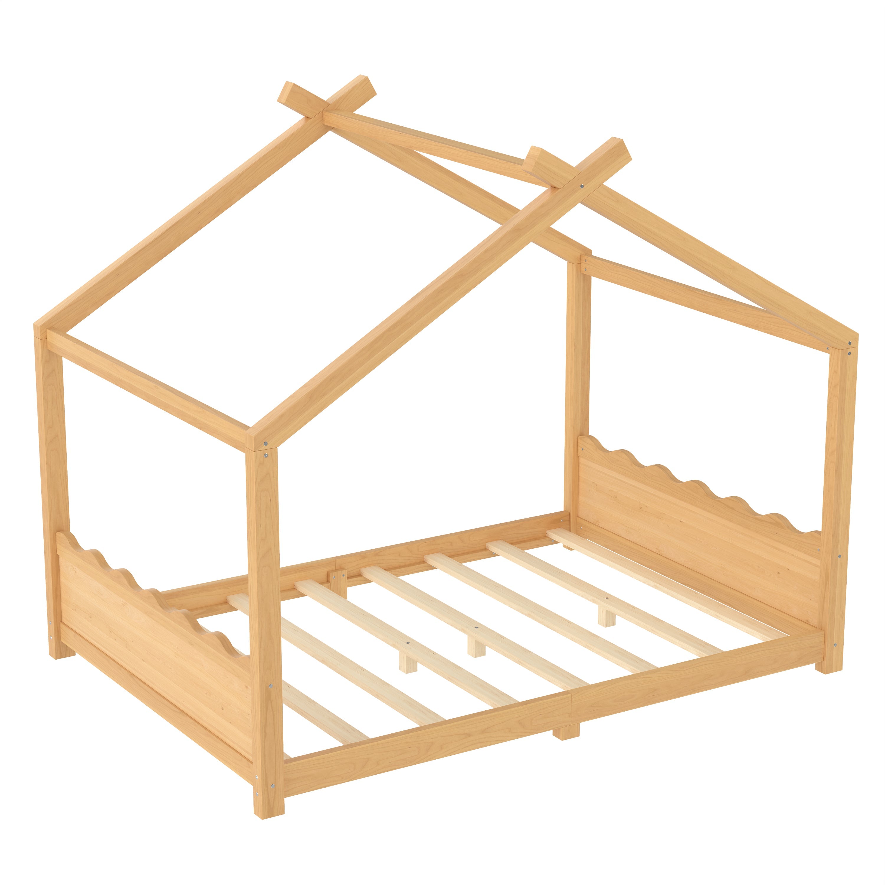 Full House Floor Bed with Support Slats, Solid Wood House Bed Frame for Kids, No Box Spring Needed and Opening Constructure, Natural