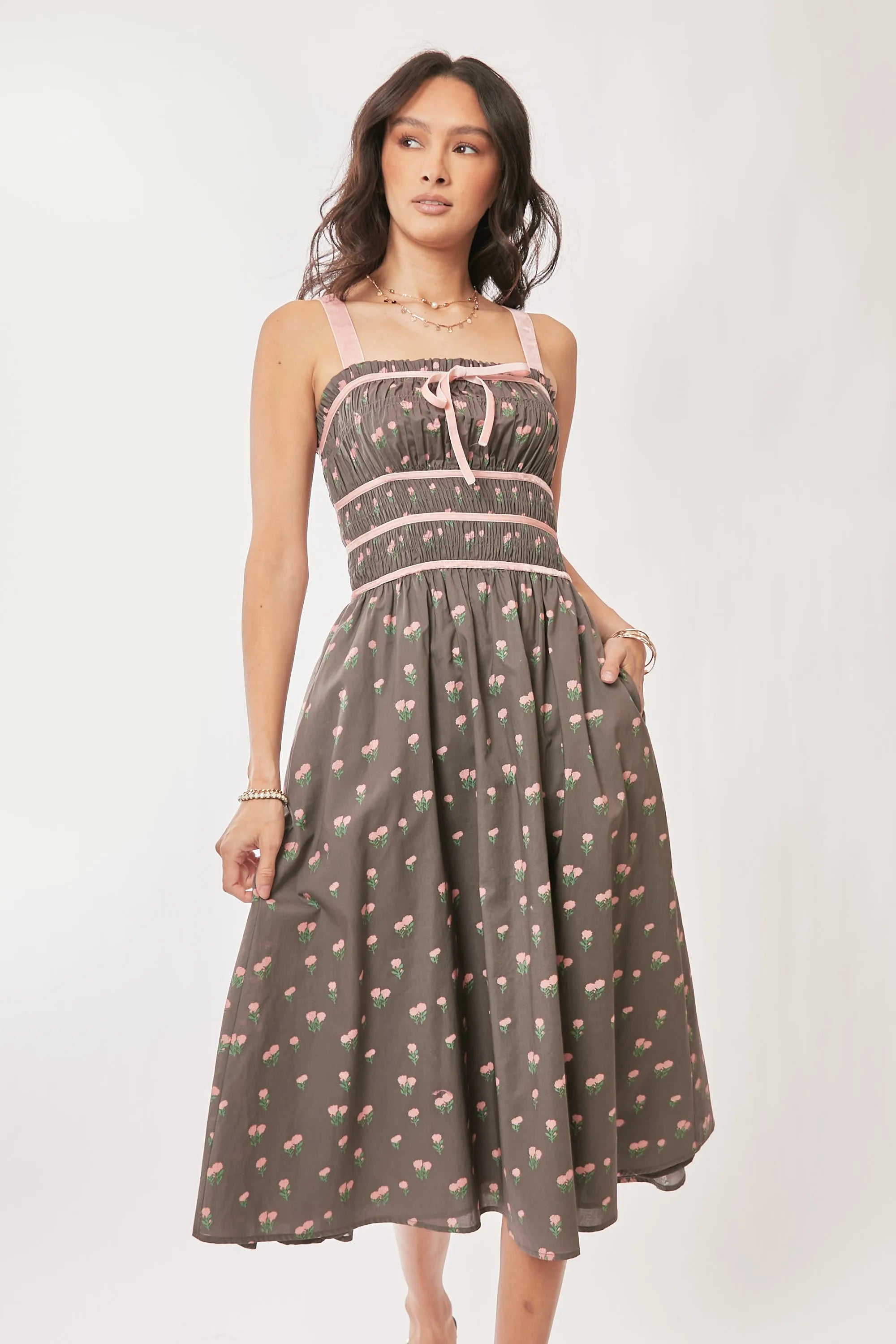 Davi & Dani Contrast Velvet Tape Smocking Bodice Midi Dress