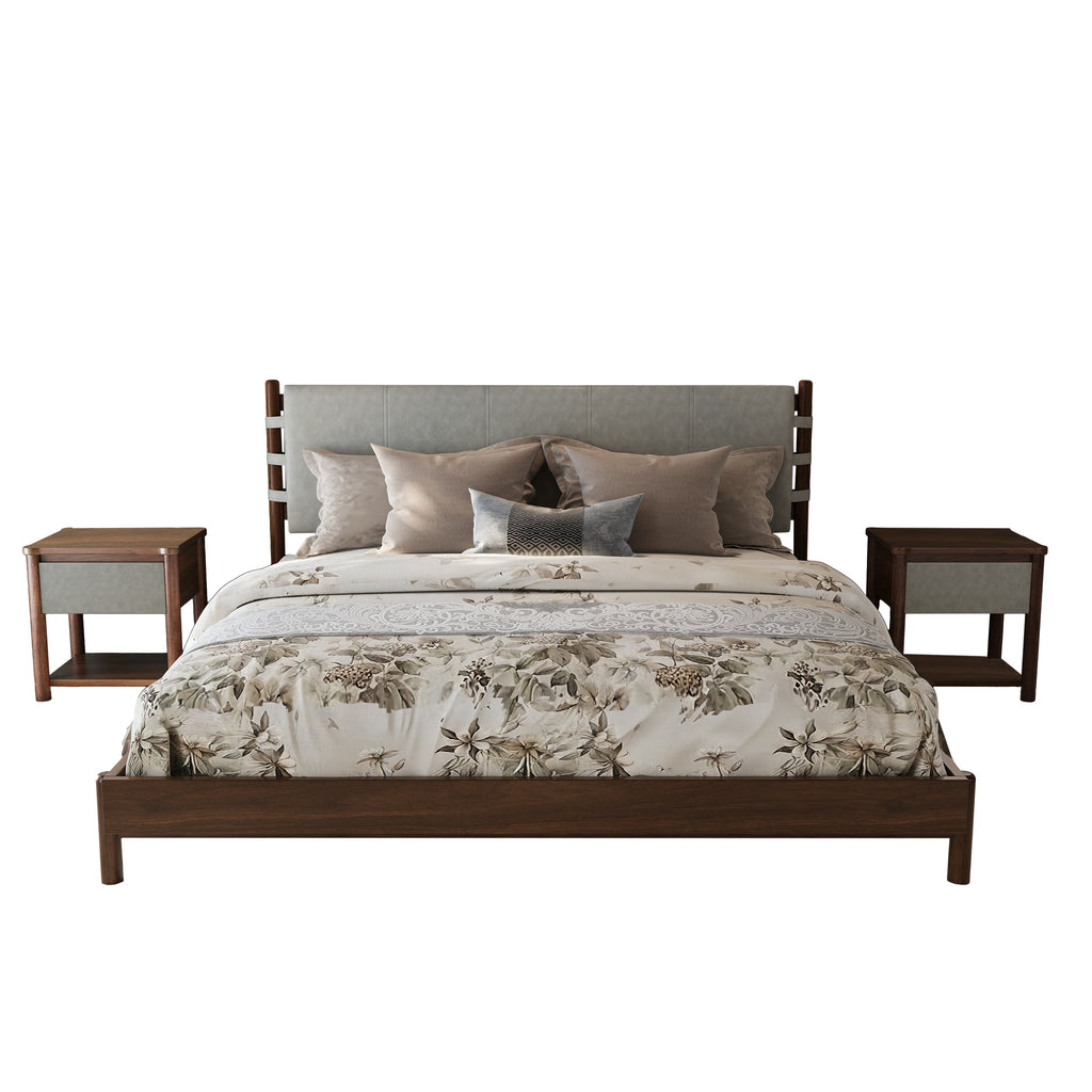 Modern King Bed Frame Set with 2 Nightstands, Light Gray Wood Platform Bed with Headboard and Matching Bedside Tables for Bedroom