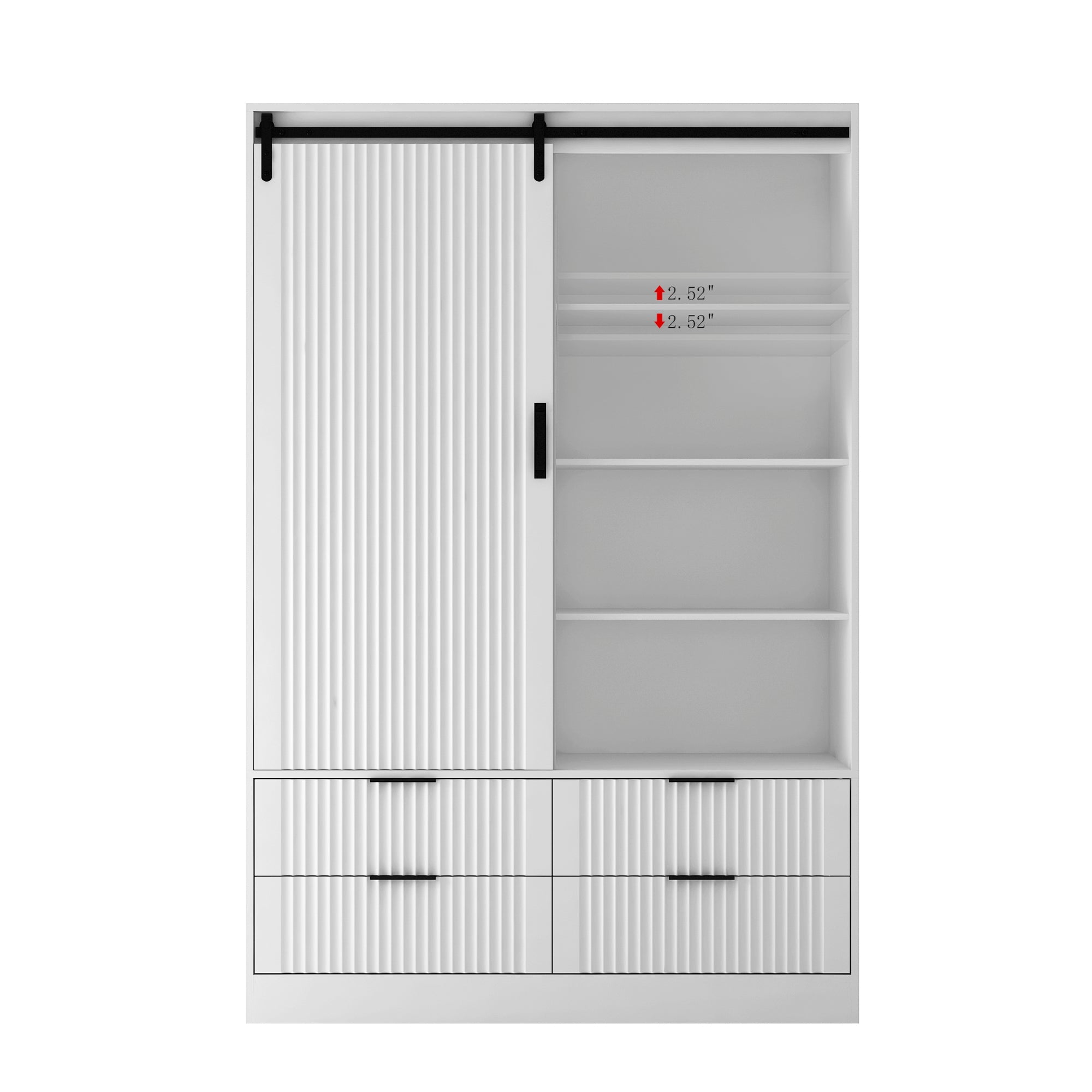 Tall Bedroom Armoire Wardrobe Closet Clothing Storage Cabinet with Hanging Rod Barn Door Drawers Open Shelves,White
