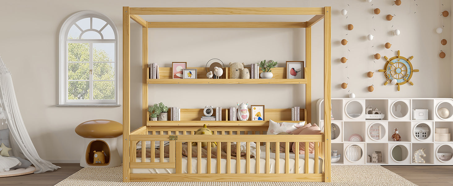 Full Size Canopy Bed with Guardrails, Solid Wood Floor Bed with Shelves, Montessori Floor Bed Frame for Kids, Boys, Girls, No Spring Box Needed, Natural