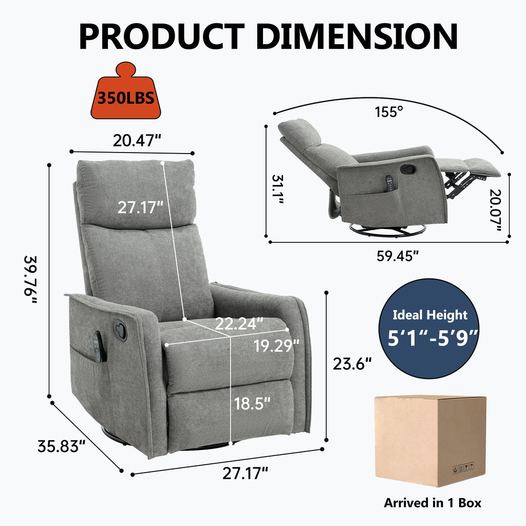 Heat Massage Manual Recliner Chair with Rocker and Swivel in Fabric for Living Room, Light Grey