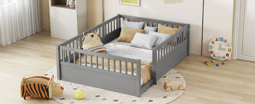 Full Floor Bed Frame with Fence, Montessori wooden children's floor bed,Wood Kids Floor Beds Frame for Bedroom Playroom,Gray