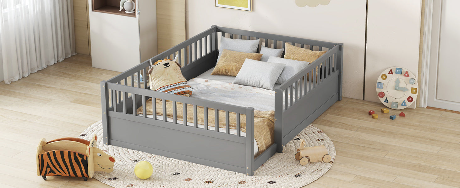 Full Floor Bed Frame with Fence, Montessori wooden children's floor bed,Wood Kids Floor Beds Frame for Bedroom Playroom,Gray