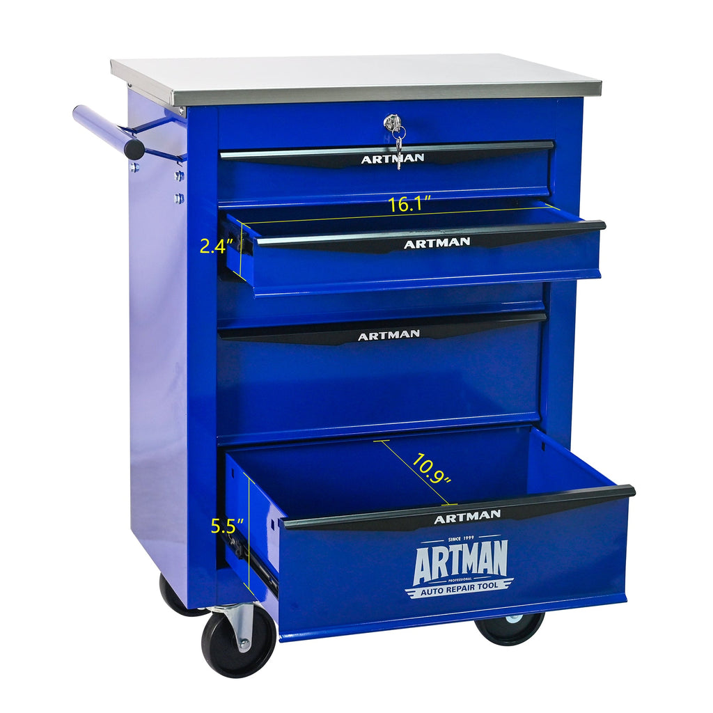 5 Drawers Multifunctional Tool Cart with Wheels,Metal Rolling Tool Cart Storage for Garage Workshop Warehouse Repair Shop--With Stainless Steel Roof- BLACK&BLUE