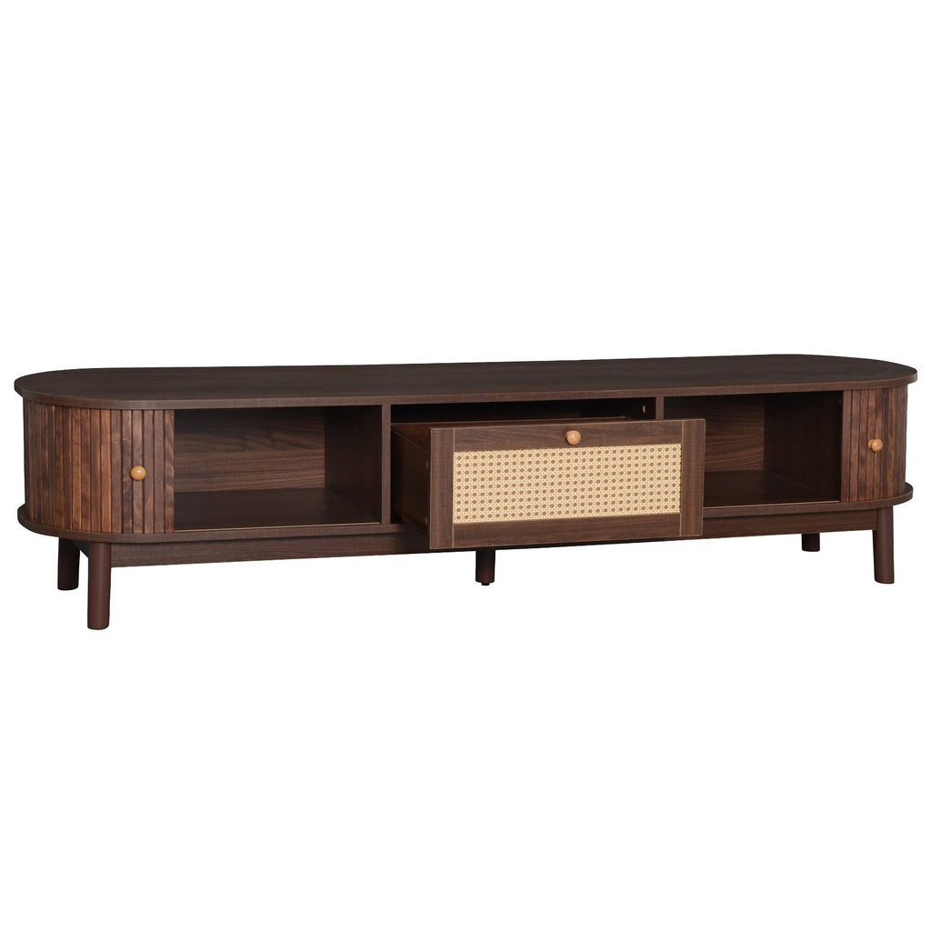 Modern Design TV Stand for 75' TVs, Media Console TV Cabinet with Rattan-Front Drawer for Living Room, 1 Drawer and 2 Sliding-Door Cabinets