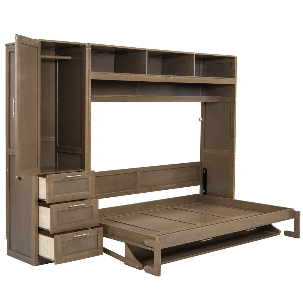 Full Size Murphy Bed with Wardrobe, Drawers and Open Shelves, Antique Wood
