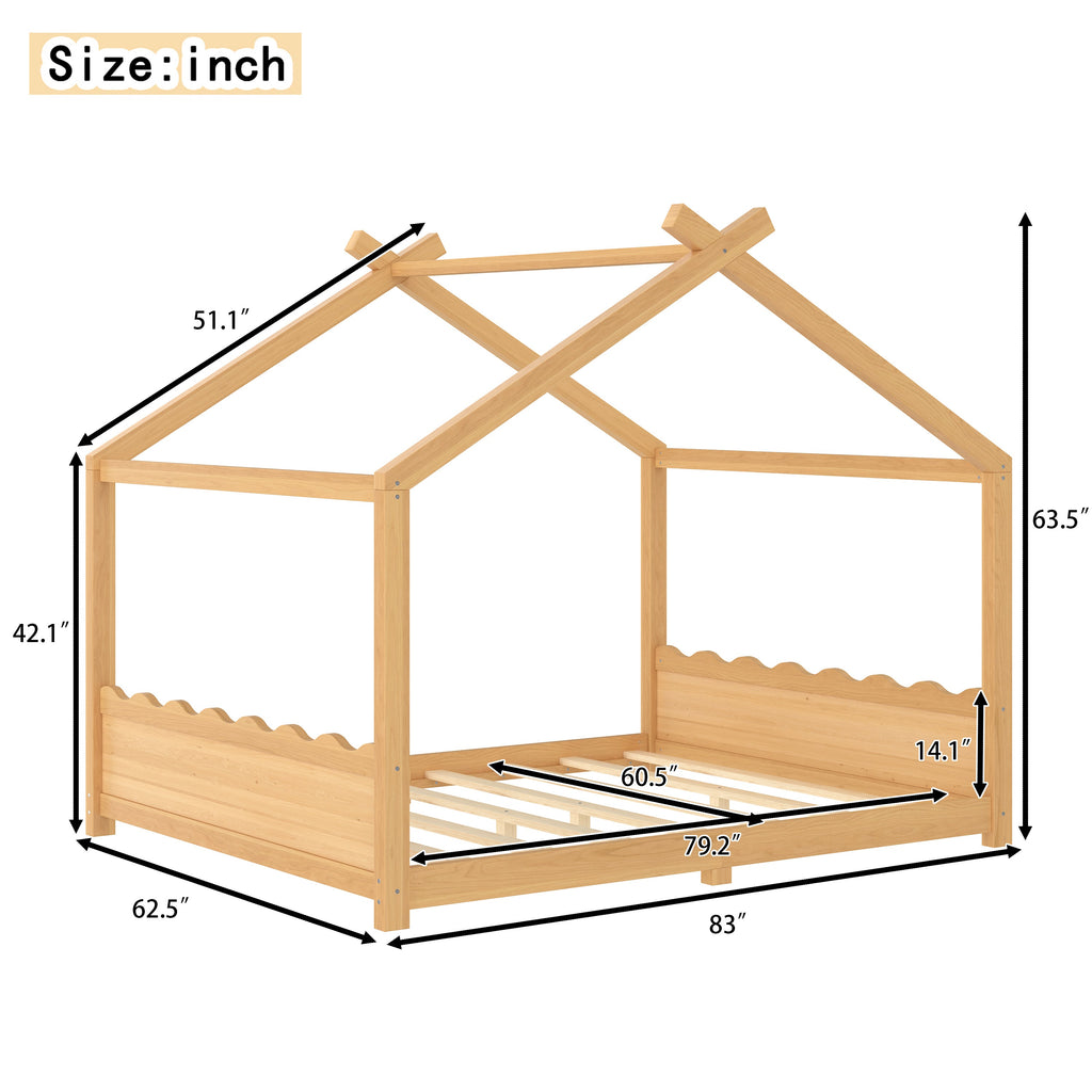 Queen House Floor Bed with Support Slats, Solid Wood House Bed Frame for Kids, No Box Spring Needed and Opening Constructure, Natural