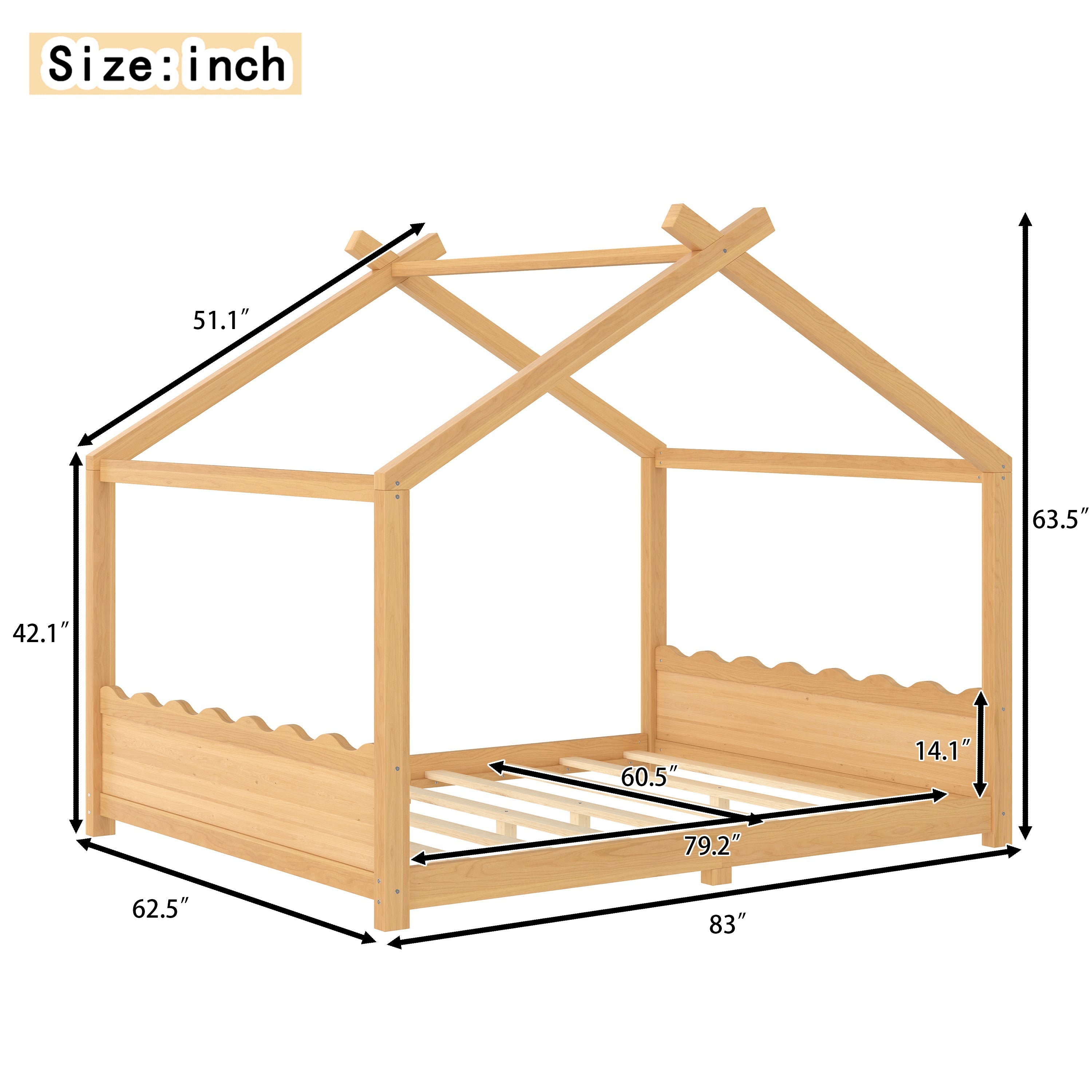 Queen House Floor Bed with Support Slats, Solid Wood House Bed Frame for Kids, No Box Spring Needed and Opening Constructure, Natural