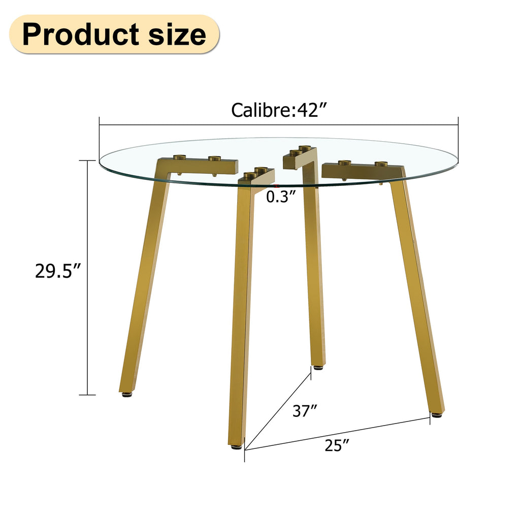 Modern minimalist style circular transparent tempered glass table, tempered glass tabletop, golden metal legs, suitable for kitchen, dining room, and living room, 42 '* 42' * 29.5 '1123r