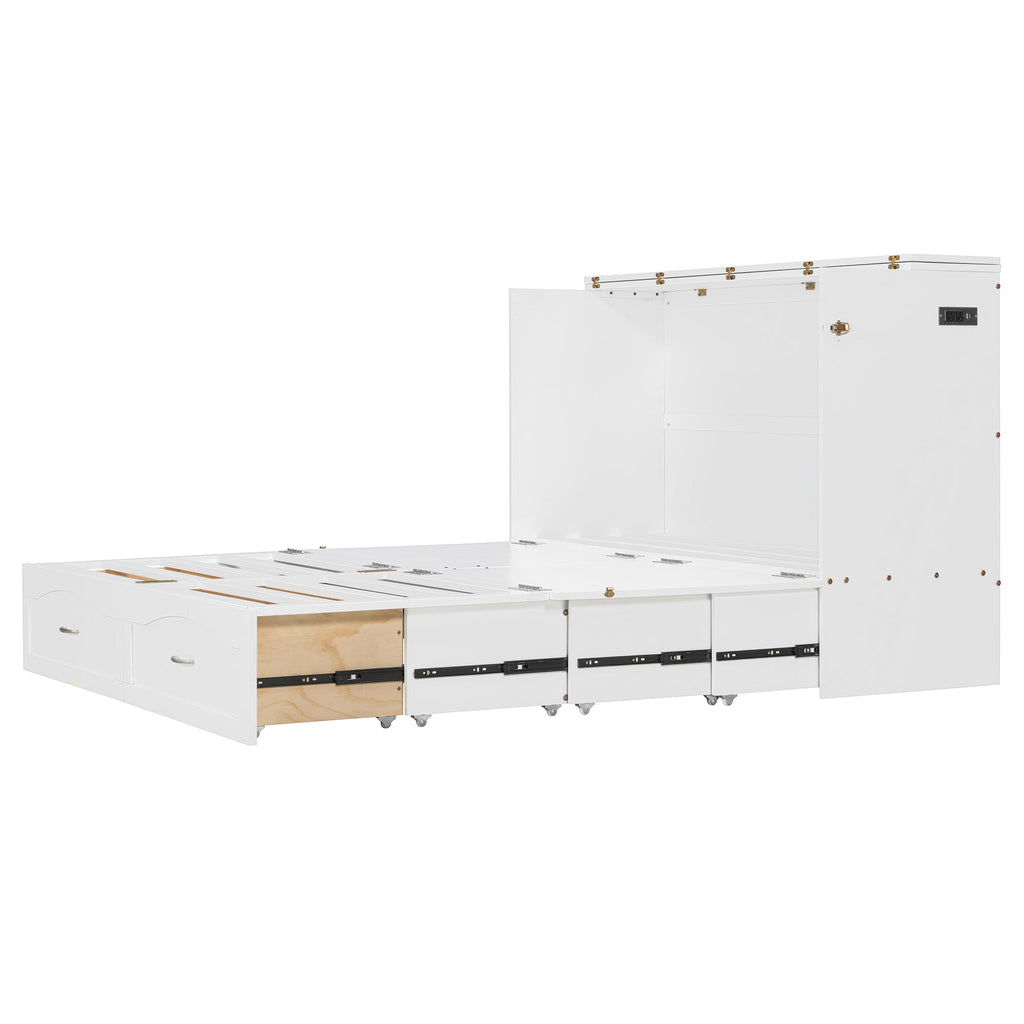 Queen Size Murphy Bed Wall Bed with drawer and a set of Sockets & USB Ports, Pulley Structure Design, White(OLD SKU: LP100671AAK)