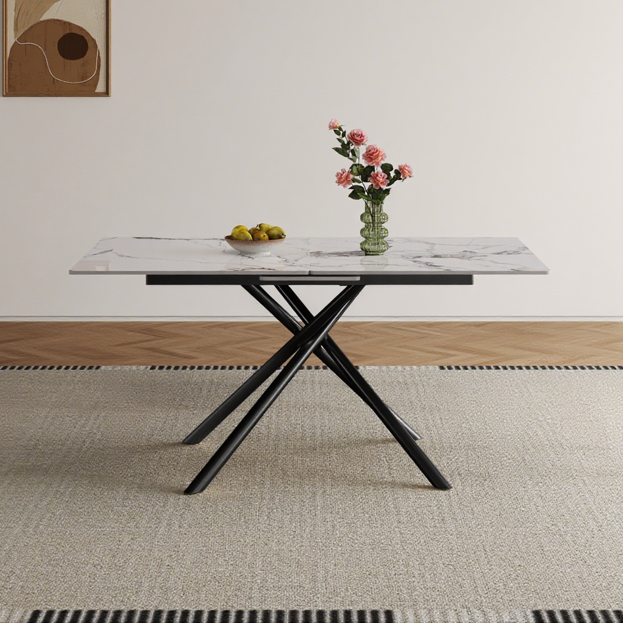 59-inch Modern rectangle Expandable Dining Table with Retractable Leaf, Sintered Stone Top & Black Carbon Steel X-Base, Sturdy 4-6 Person Table for Small Apartments, Kitchen, Dining Room