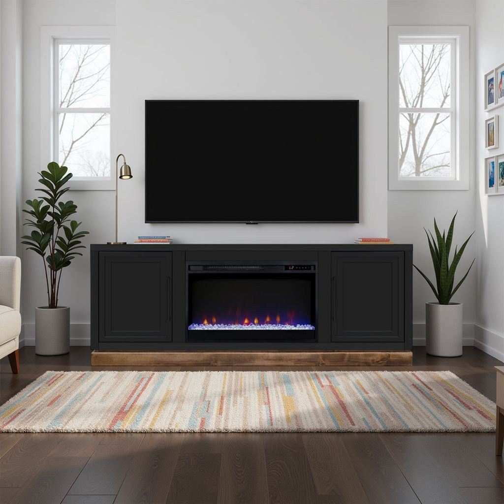 Nora 64 inch Fireplace TV Stand, for TVs up to 85 inches, Black and Whiskey Finish