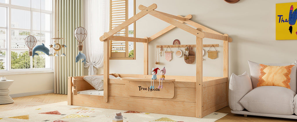 Twin Size Floor Bed with Guardrails and Roof, Kids House Floor Bed with a Small Built-in Tray and Free-installed Signboard, Childlike Design, Natural