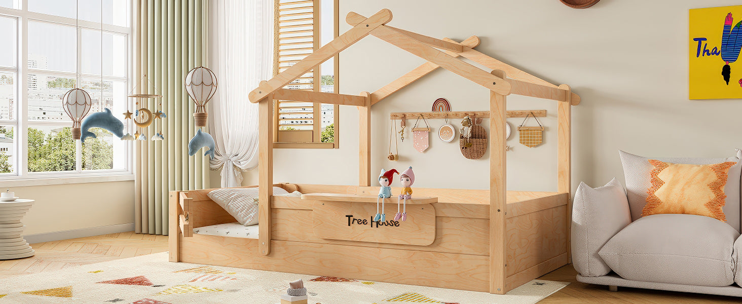Twin Size Floor Bed with Guardrails and Roof, Kids House Floor Bed with a Small Built-in Tray and Free-installed Signboard, Childlike Design, Natural