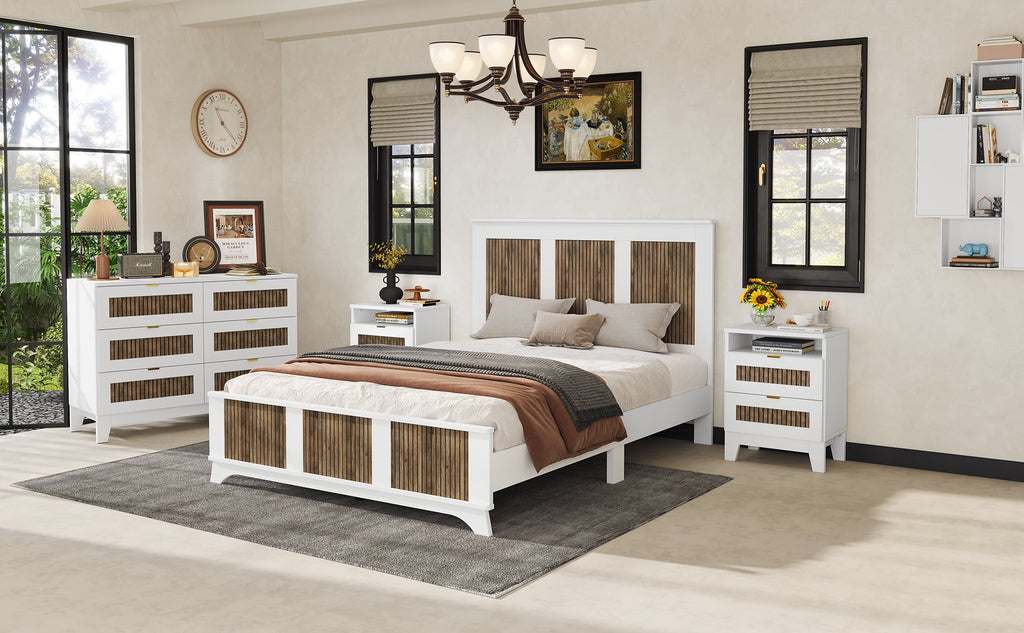 4-Pieces Bedroom Sets, Queen Size Farmhouse Platform Bed with Wooden Strip Stickers Decoration, Storage Nightstand and Dresser with Metal Handle, White(Old SKU: HL000191AAK)