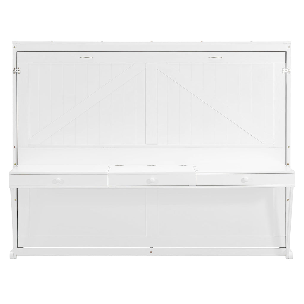 Queen Size Wall Murphy Bed with Storage, Foldable Cabinet Bed with Vanity Desk, Center Mirror & 2 Side Drawers, White