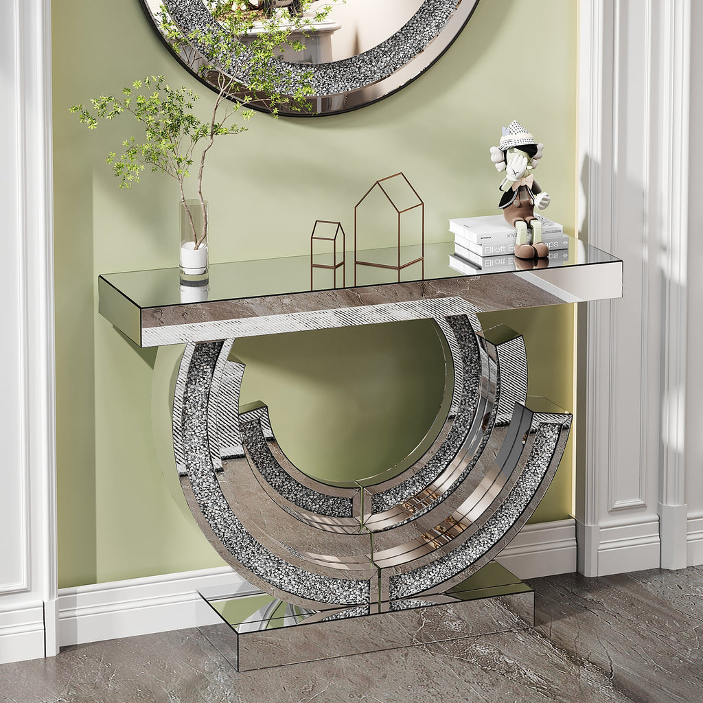 3C Shaped Crushed Diamond Hallway Table For Hotel Mirrored Centre Diamond Console Table For Living Room