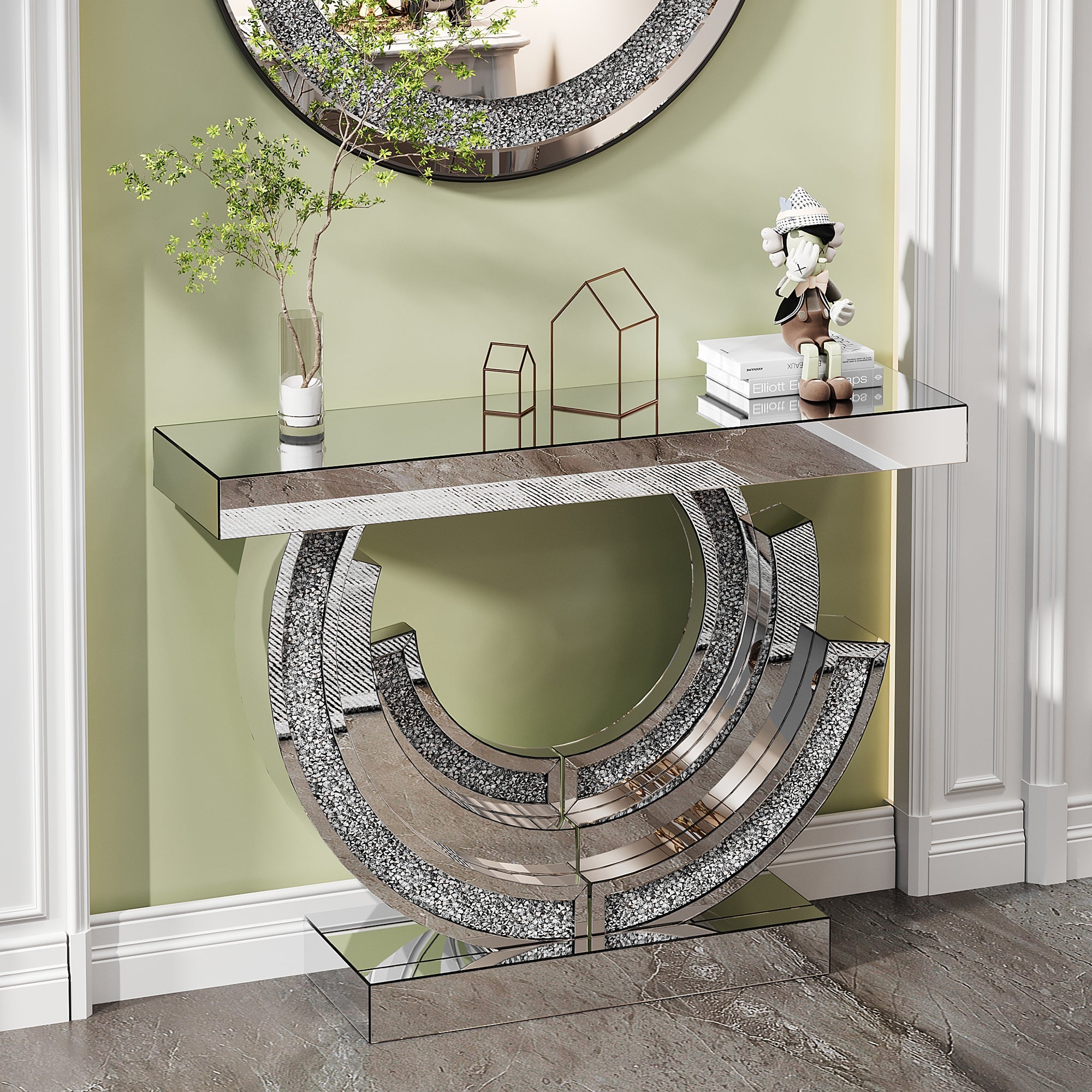 3C Shaped Crushed Diamond Hallway Table For Hotel Mirrored Centre Diamond Console Table For Living Room