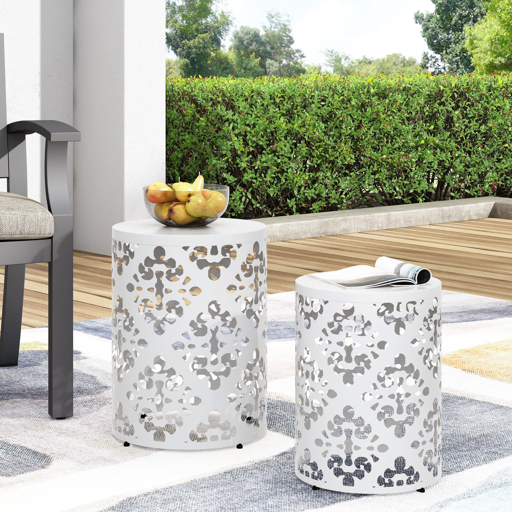 Modern Iron-Cut Design Metal End Table Set of 2 in White