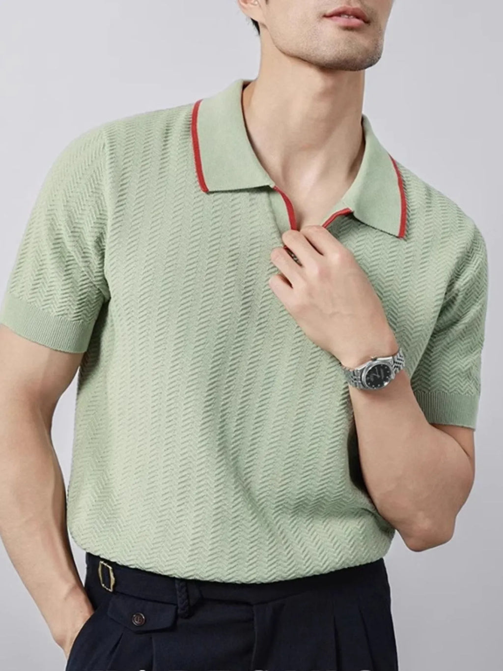 Textured Contrast Trim Short Sleeve Polo