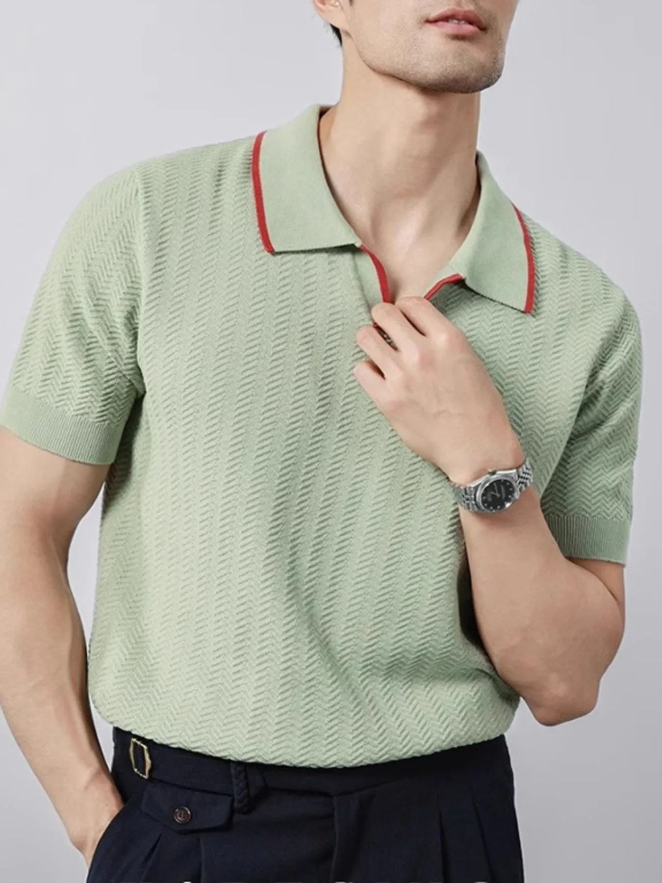 Textured Contrast Trim Short Sleeve Polo