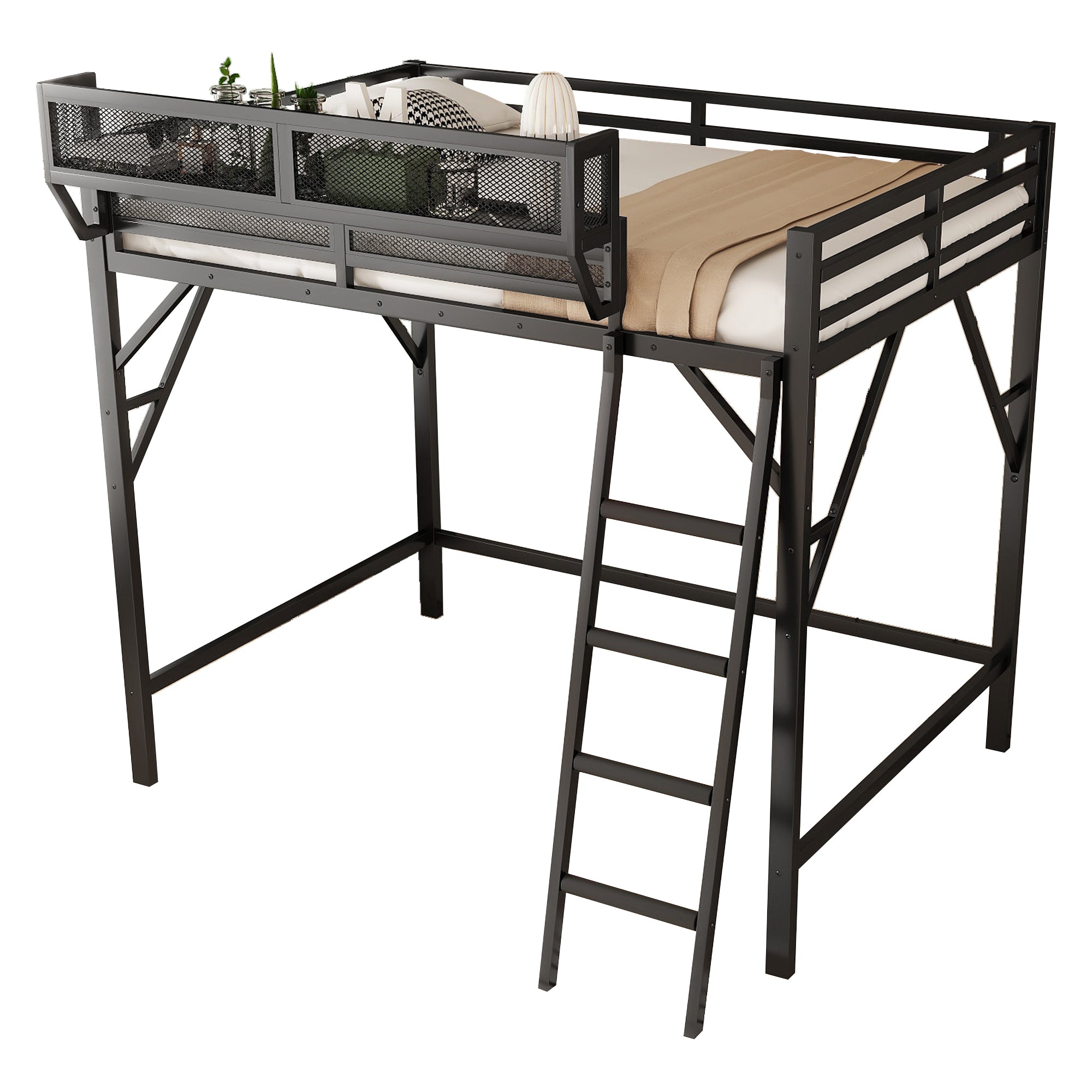 Queen Size Loft Bed with Ladder, Metal Queen Loft Bed with Storage Shelves, High Loft Bed for Kids Teens, Black(Expect Arrival Date 2025/12/3, Old SKU W2580P353530)