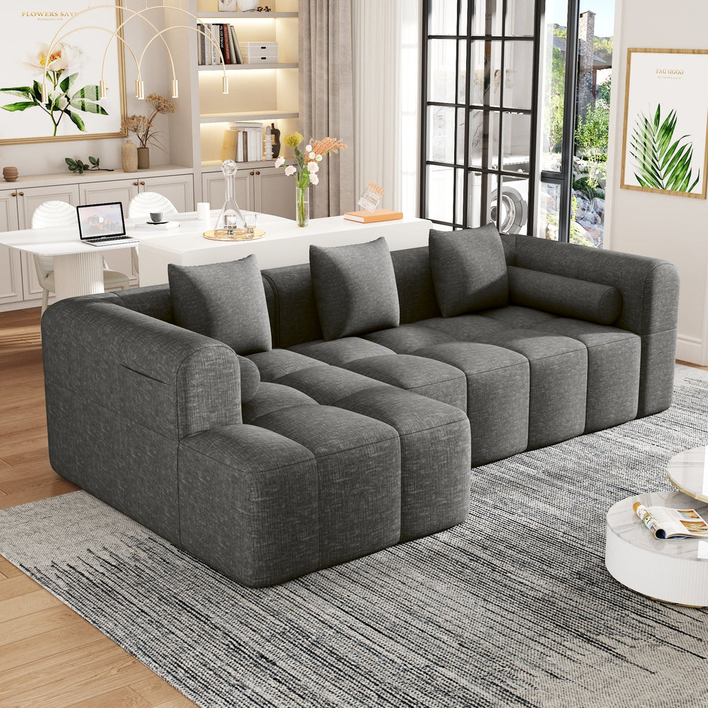 Modern Grey Modular Sectional Sofa with Deep Seating and Side Pockets in Chenille Fabric