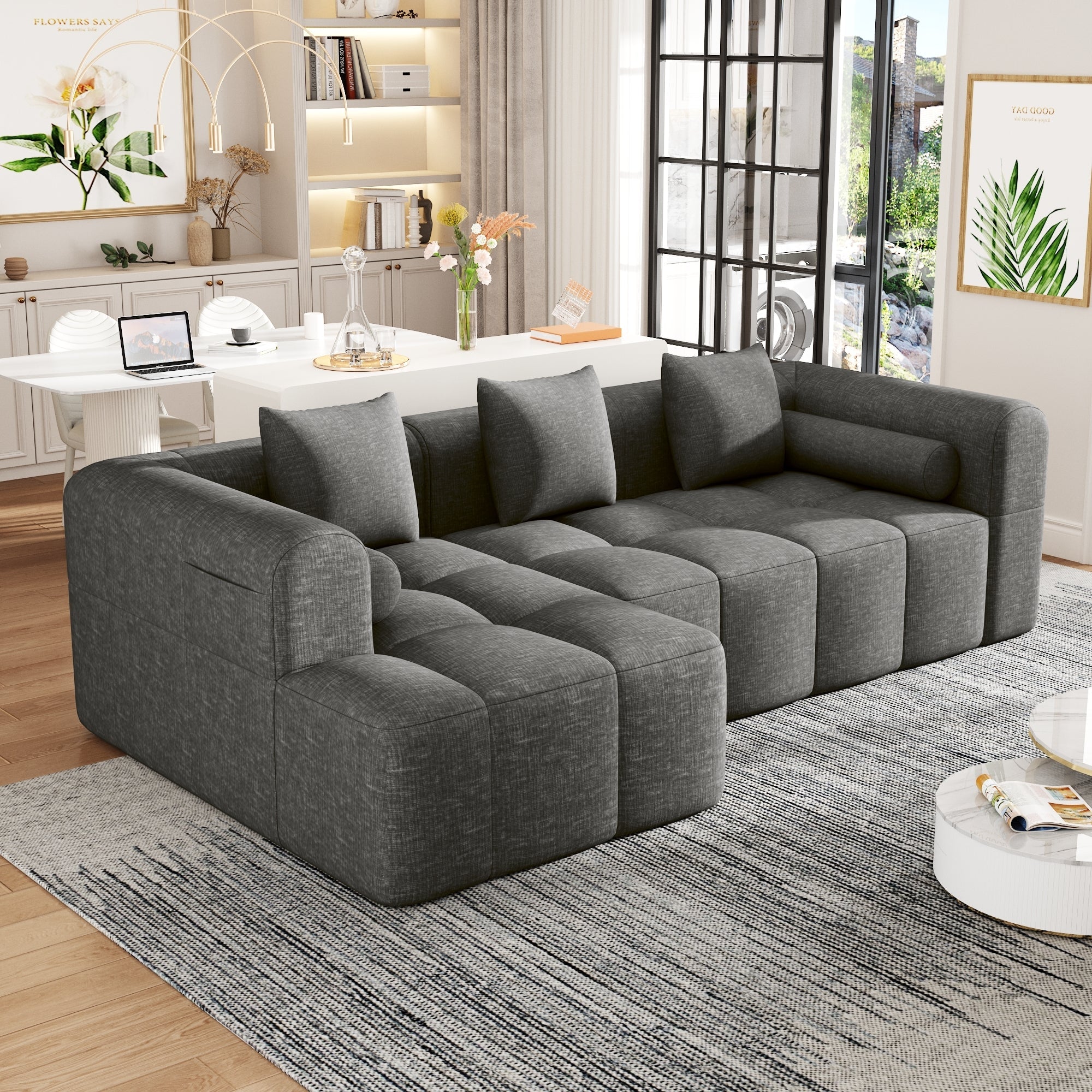 Modern Grey Modular Sectional Sofa with Deep Seating and Side Pockets in Chenille Fabric
