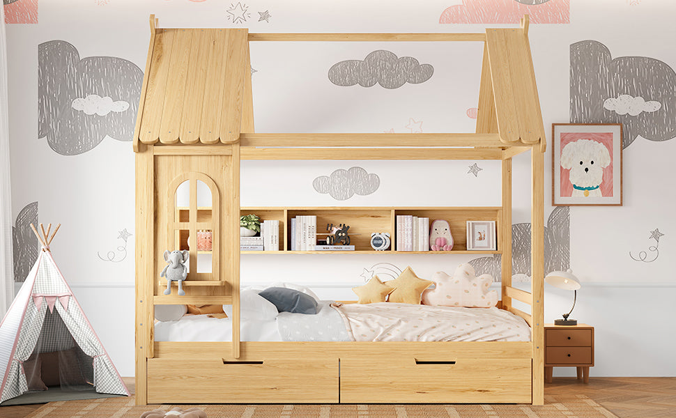 Full house Beds with Storage Drawers and Window, Solid Wood House Platform Bed Frame with shelves, for Kids, Girls, Boys, No Spring Box Needed and Childlike Design, Natural