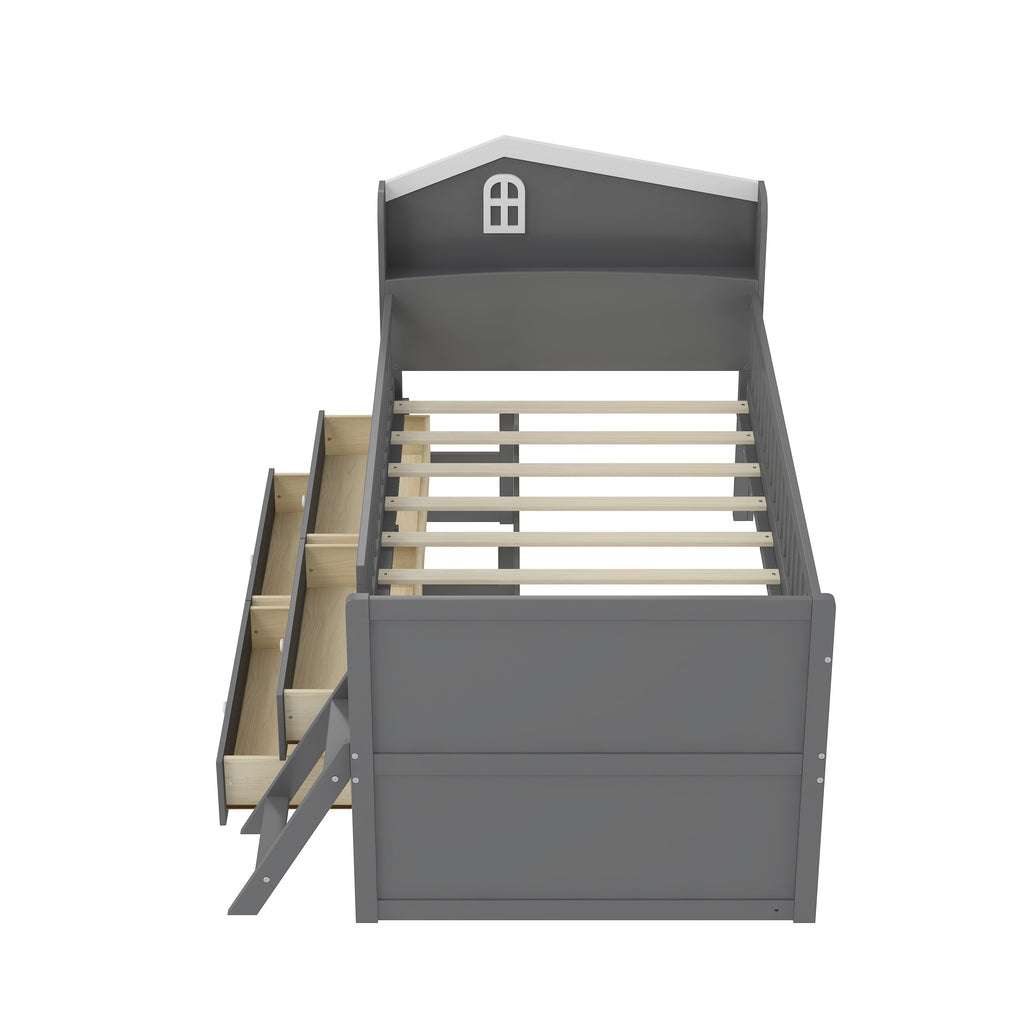 Twin Bed Frame with Storage 4 Drawers,Wooden Bed Frame for Kids,Platform Twin Size Bed with Guardrail Headboard and Ladder, No Box Spring Needed, Easy Assembly, Gray