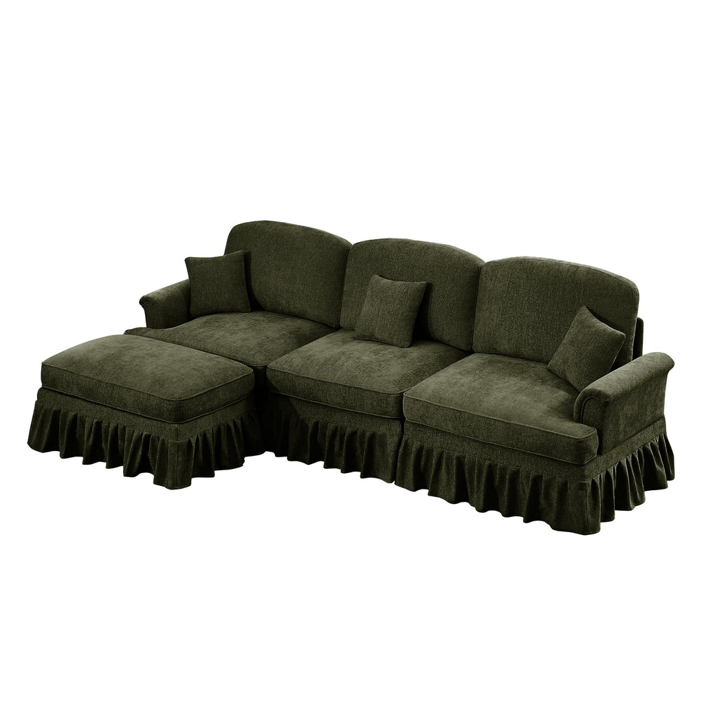 Mid Century Three Seater Modular L Shaped Sectional Couch with Flared Arms and Removable Ruffles Pleats Skirts and Spindle Legs, Comfy Chenille 3-Seat Deep Seat Sofa with Movable Ottoman,Green