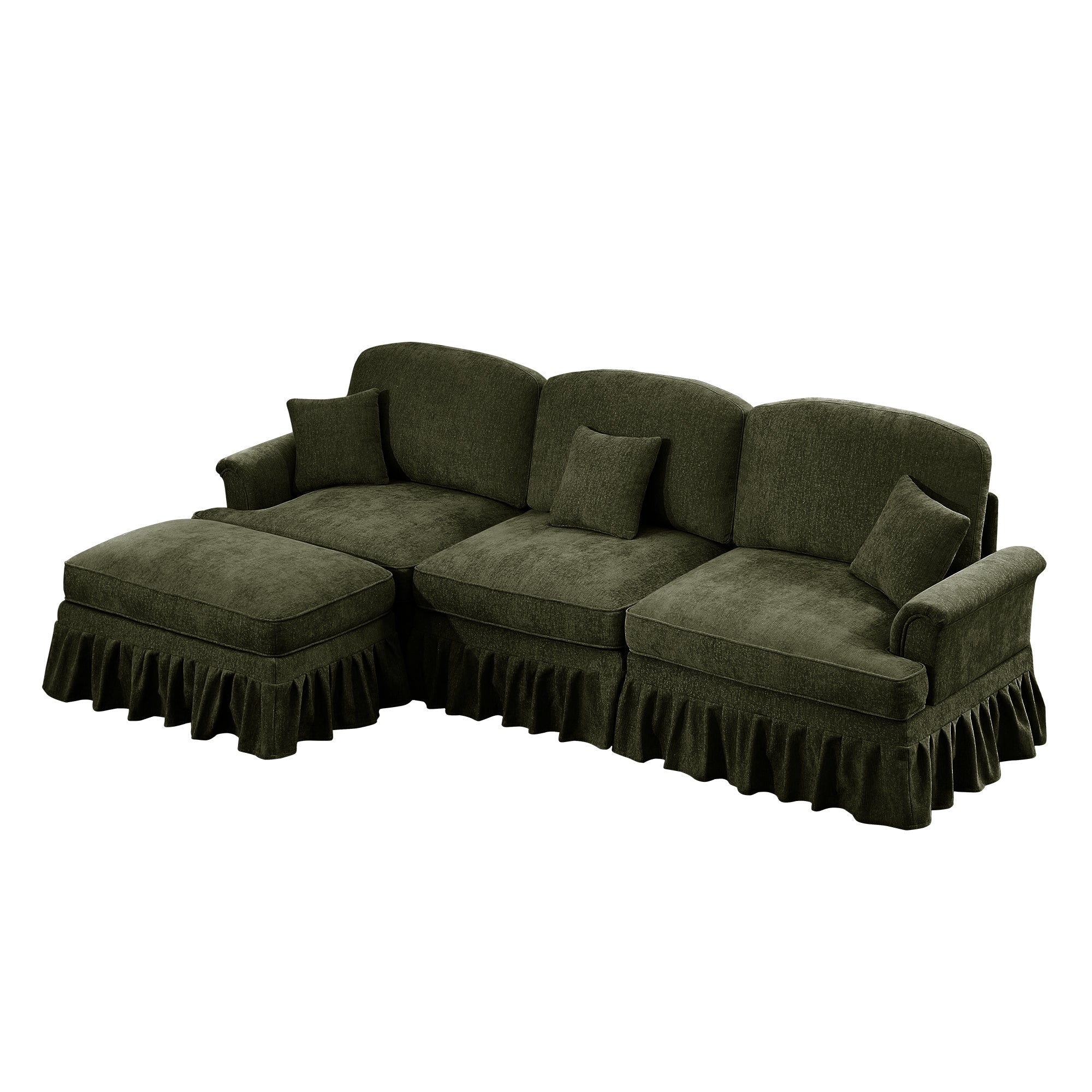Mid Century Three Seater Modular L Shaped Sectional Couch with Flared Arms and Removable Ruffles Pleats Skirts and Spindle Legs, Comfy Chenille 3-Seat Deep Seat Sofa with Movable Ottoman,Green