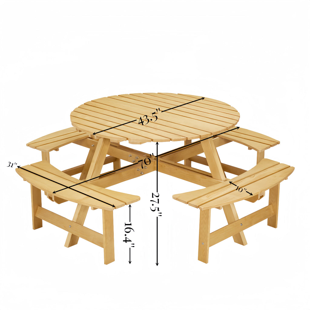 Outdoor 8 Person Picnic Table, 8 person Round Picnic Table with 4 Built-in Benches, Umbrella Hole, Outside Table and Bench Set for Garden, Backyard, Porch, Patio,  Natural