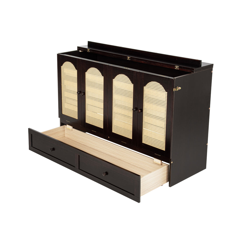 Queen Size Murphy Bed, Pine Wood Cabinet Bed with Power Station and Rattan Decoration Panel,Espresso