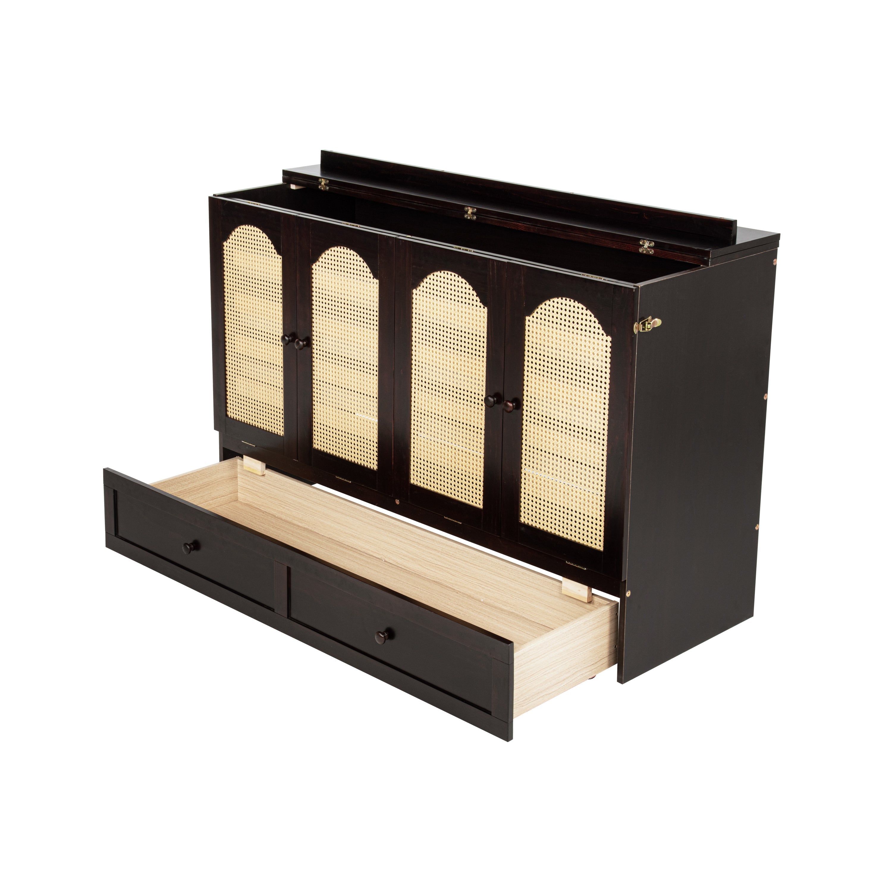 Queen Size Murphy Bed, Pine Wood Cabinet Bed with Power Station and Rattan Decoration Panel,Espresso